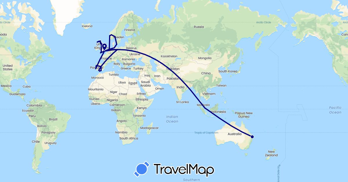 TravelMap itinerary: driving in Australia, Germany, Denmark, Spain, United Kingdom, Netherlands, Norway, Portugal, Singapore (Asia, Europe, Oceania)